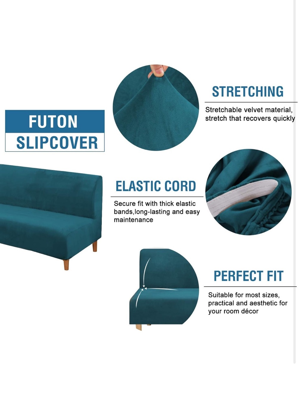 Teal Futon Slipcover Stretch Velvet Sofa Cover